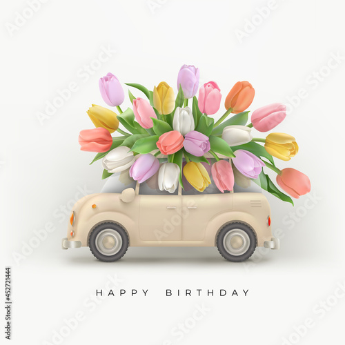 Happy birthday background with flowers and car