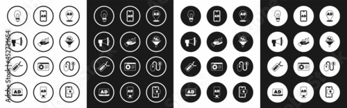 Set Advertising, Pie chart infographic, Megaphone, Light bulb with concept of idea, Lead management, and SEO optimization icon. Vector