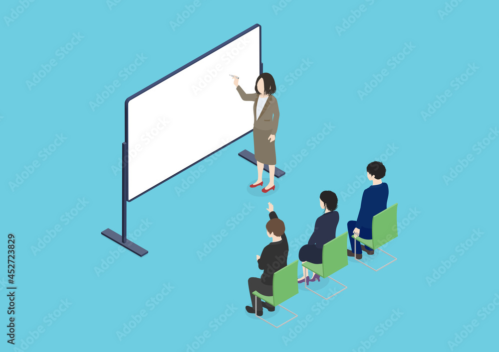 ビジネスセミナーで手を挙げて質問をする男性のイラスト素材 Stock Vector Adobe Stock