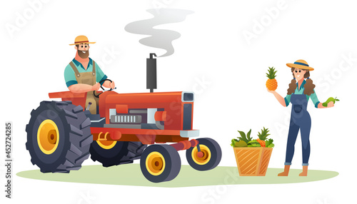 Male farmer on tractor and the female farmer holding fresh fruits concept. Harvest farmer illustration