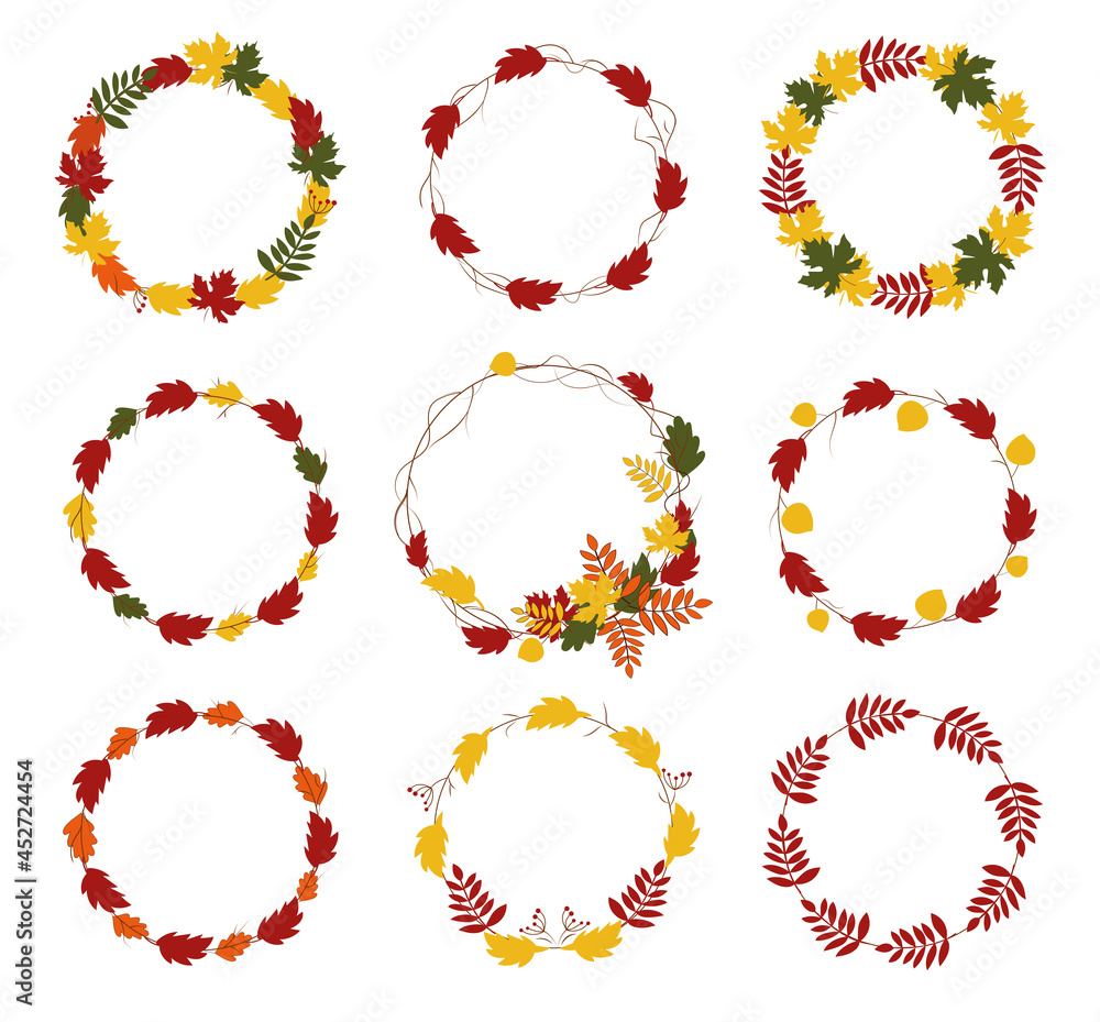 Hello Autumn wreath, round frame with colorful leaves set, berries on white backgrond. Good for poster, banner, greeting card, template, design. Hand drawn vector illustration. Warm colors.