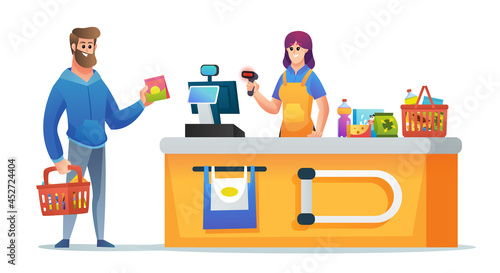 Cashier and customer with grocery basket at supermarket checkout counter concept illustration
