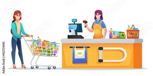Cashier and customer with grocery trolley and basket at supermarket checkout counter illustration