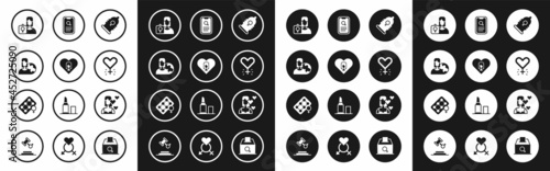 Set Condom, Heart with female, Women from different countries, Feminist activist, Feminism, Dating app, Love yourself and Packaging of birth control pills icon. Vector