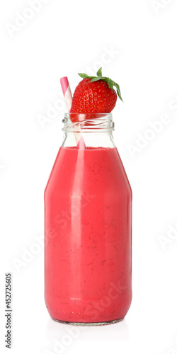 Bottle of tasty strawberry smoothie isolated on white