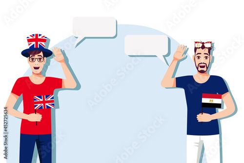 Men with British and Egyptian flags. Background for text. Communication between native speakers of the United Kingdom and Egypt. Vector illustration. 