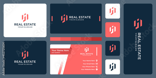 real estate building with letter J logo and business card design. icons for business, buildings, real estate, construction, simple. Premium Vectors.
