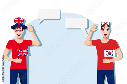 Men with British and South Korean flags. The concept of international communication, education, sports, travel, business. Dialogue between the United Kingdom and South Korea. Vector illustration.