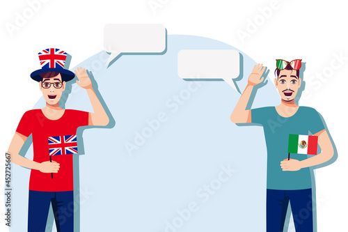 Men with British and Mexican flags. Background for the text. The concept of sports, political, education, travel and business relations between the United Kingdom and Mexico. Vector illustration.