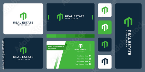 real estate building with letter M logo and business card design. icons for business, buildings, real estate, construction, simple. Premium Vectors.