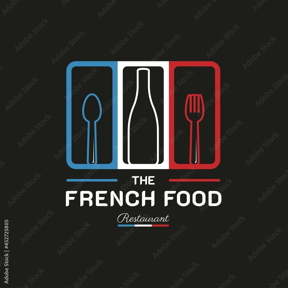 French Food Restaurant Logo. French flag symbol with Spoon, Fork, and Wine Bottle icons French Food Restaurant Logo. French flag symbol with Spoon, Fork, and Wine Bottle icons