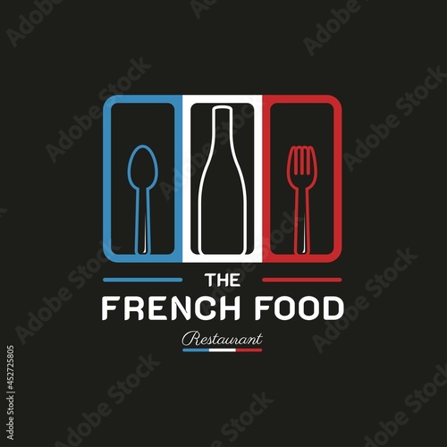 French Food Restaurant Logo. French flag symbol with Spoon  Fork  and Wine Bottle icons