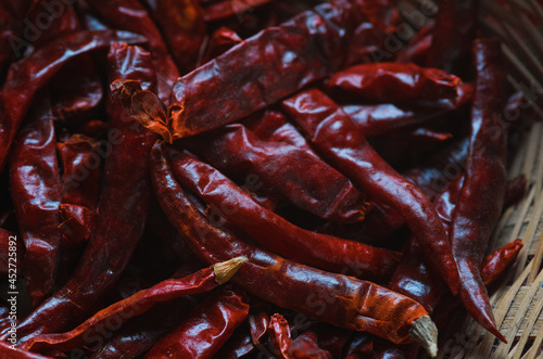 Dry red chili pepper in the bamboo basket