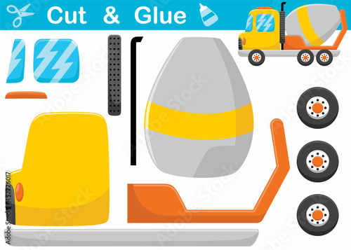 Mixer truck cartoon. Education paper game for children. Cutout and gluing