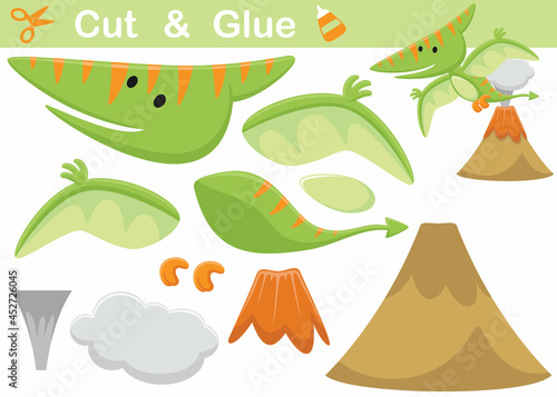 Pterosaurs cartoon flying across volcano. Education paper game for children. Cutout and gluing