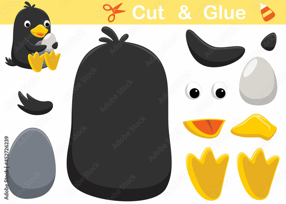 Fototapeta premium Cute penguin cartoon holding its egg. Education paper game for children. Cutout and gluing