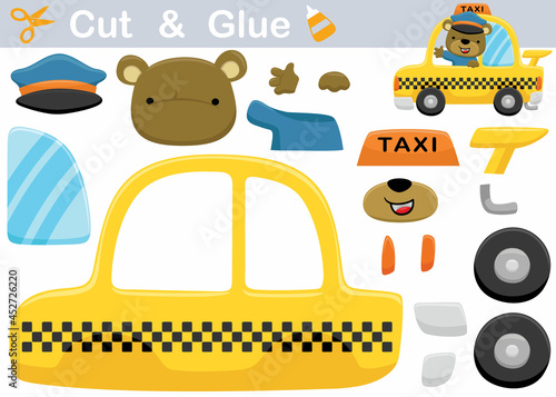 Funny bear the taxi driver. Education paper game for children. Cutout and gluing. Vector cartoon illustration