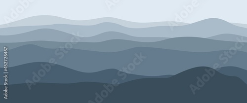 Minimalist vector landscape illustration of blue mountain layers in the morning used for wallpaper, minimalist illustration, backdrop design.