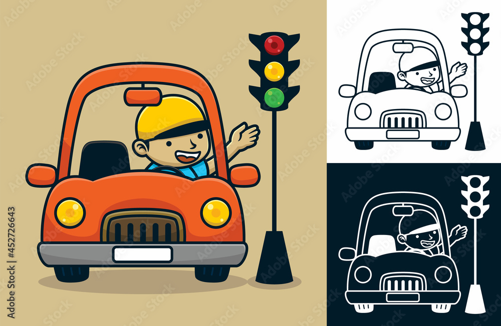 Happy man driving car in traffic light. Vector cartoon illustration in flat icon style Happy man driving car in traffic light. Vector cartoon illustration in flat icon style