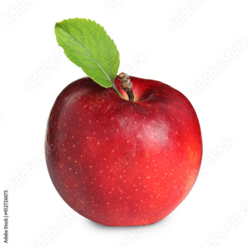 Delicious ripe red apple with leaf isolated on white