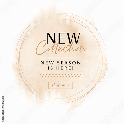 New Collection Sale sign over golden beige watercolor art design background - Vector. 