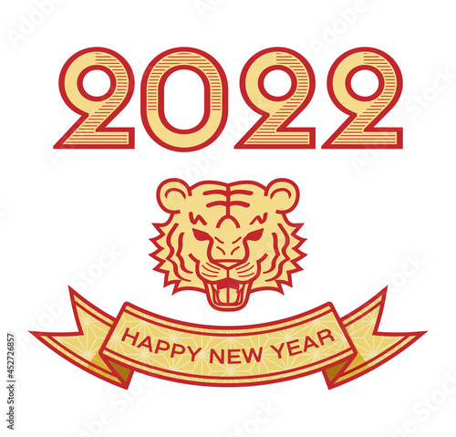 2022年　寅年　年賀状素材 - 吼える虎の顔　金色に赤の縁取り