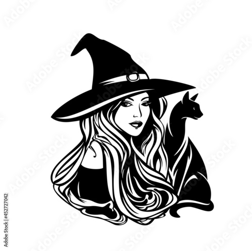 beautiful witch with long hair wearing traditional hat and her pet cat - halloween sorceress costume black and white vector portrait