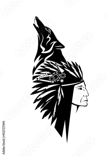 native american tribal chief wearing feathered headdress nad howling wolf head - black and white vector shaman portrait outline