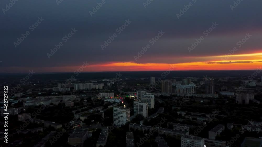 Aerial right to left city view with dramatic sky Aerial right to left city view with dramatic sky