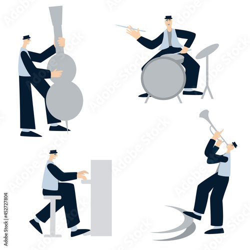 Jazzmen playing music instrument Jazz band Set of musicians Vector illustration Isolated on white background