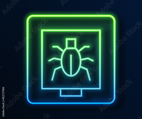 Glowing neon line Insects in a frame icon isolated on blue background. Herbarium. Vector