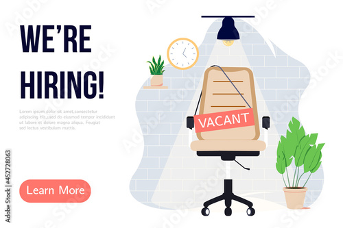 We are hiring banner design. Job vacancy vector poster. Empty office chair and vacant sign on it. Business recruiting creative concept.