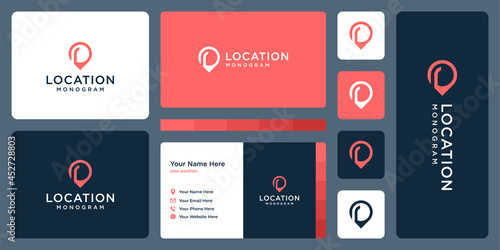 pin logo, location and initial letter r. business card design.