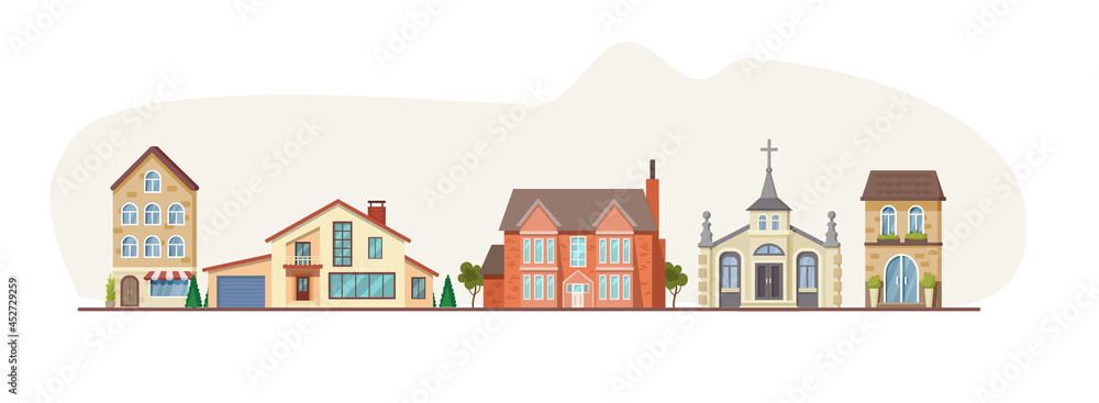 Urban street horizontal panorama. City life with house facades, road tree. Panoramic view of modern exterior buildings, cottages, church, country houses.