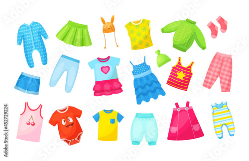 Multicolored seasonal childish clothes set. Ornamental cute wardrobe clothing for little boy or girl