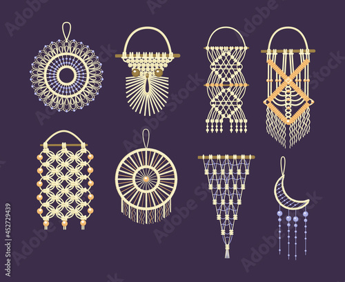 Macrame wall hangings set. Handmade or handcrafted house decorations bohemian decor cartoon vector