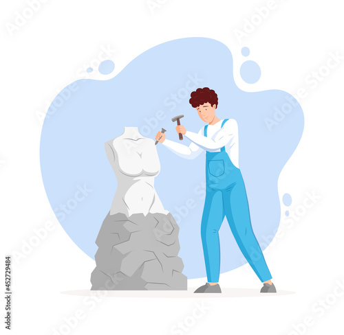 Male sculptor hitting use hammer creating beautiful female body statue from stone