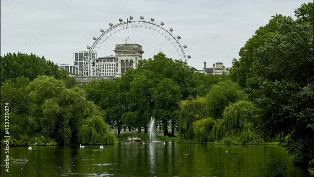 Scenic View Of St. James Park Lake With London Eye And Whitehall At Backdrop In North London, England UK. - Timelapse Scenic View Of St. James Park Lake With London Eye And Whitehall At Backdrop In North London, England UK. - Timelapse