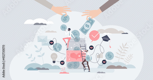 Fundraising event with money collection and support tiny person concept. Crowd funding volunteering project with finances gathering for common goal vector illustration. Contribution and savings share.