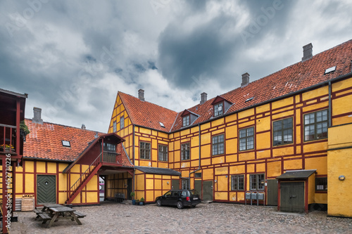 Kerteminde tradional half timbered warehouses near the harbor on Funen, Denmark