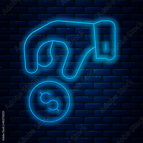 Glowing neon line Donate or pay your zakat as muslim obligatory icon isolated on brick wall background. Muslim charity or alms in ramadan kareem before eid al-fir. Vector