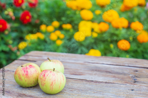 Three fresh apples lie on a wooden surface against the background of blooming flowers.. Healthy food concept