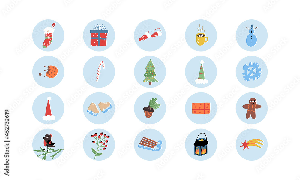 Christmas stickers set. Stocking, candy cane, gingerbread, snowman, gifts, Santa's and Elf's hat, cacao, Christmas tree.