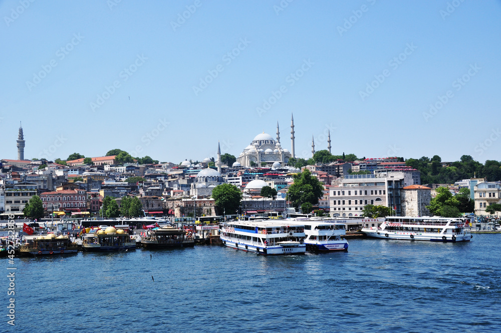 Panorama of the seaport of Istanbul. Pleasure boats at the pier. 09 July 2021, Istanbul, Turkey.