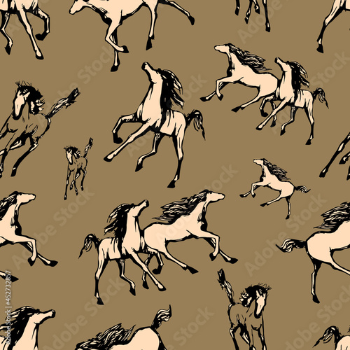 Galloping horses on brown background. Drawn seamless pattern. Silhouettes and linear figures of running horses of black and beige color. Vector texture  print