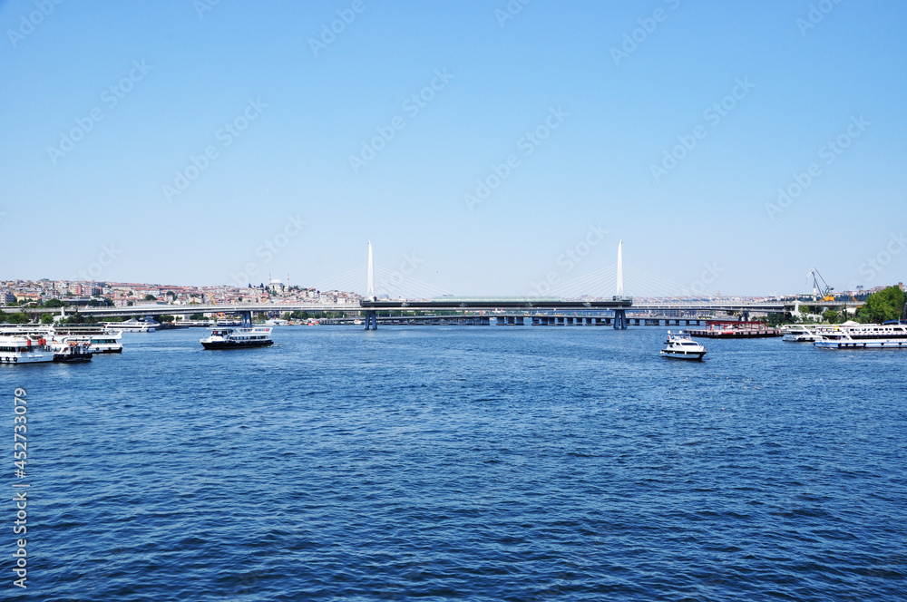 Panorama of the strait. View of the strait, bridge and pleasure ships. July 08, 2021, Istanbul, Turkey.