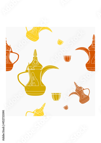 Editable Flat Monochrome Dallah Coffee Pots and Finjan Cups Vector Illustration Seamless Pattern for Creating Background of Arab Culture Tradition Cafe and Islamic Moments Related Design