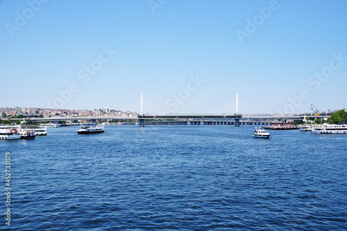 Panorama of the strait. View of the strait, bridge and pleasure ships. July 08, 2021, Istanbul, Turkey. © Viacheslav