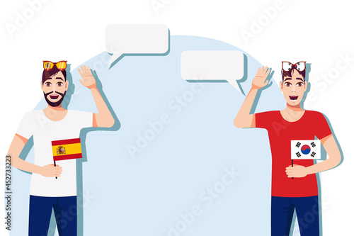 The concept of international communication, sports, education, business between Spain and South Korea. Men with Spanish and South Korean flags. Vector illustration.