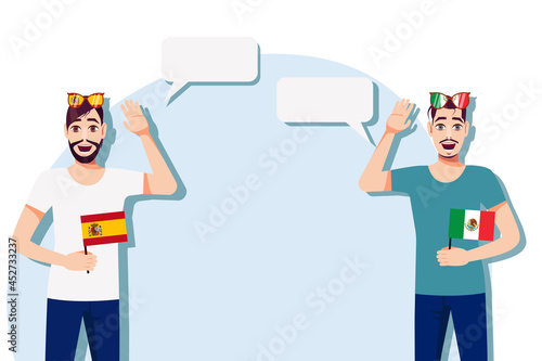 Men with Spanish and Mexican flags. The concept of international communication, education, sports, travel, business. Dialogue between Spain and Mexico. Vector illustration.